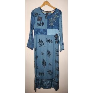 Faith by Celia Forrester Small Blue Boho Hippy Maxi Long Patchwork Dress Beaded